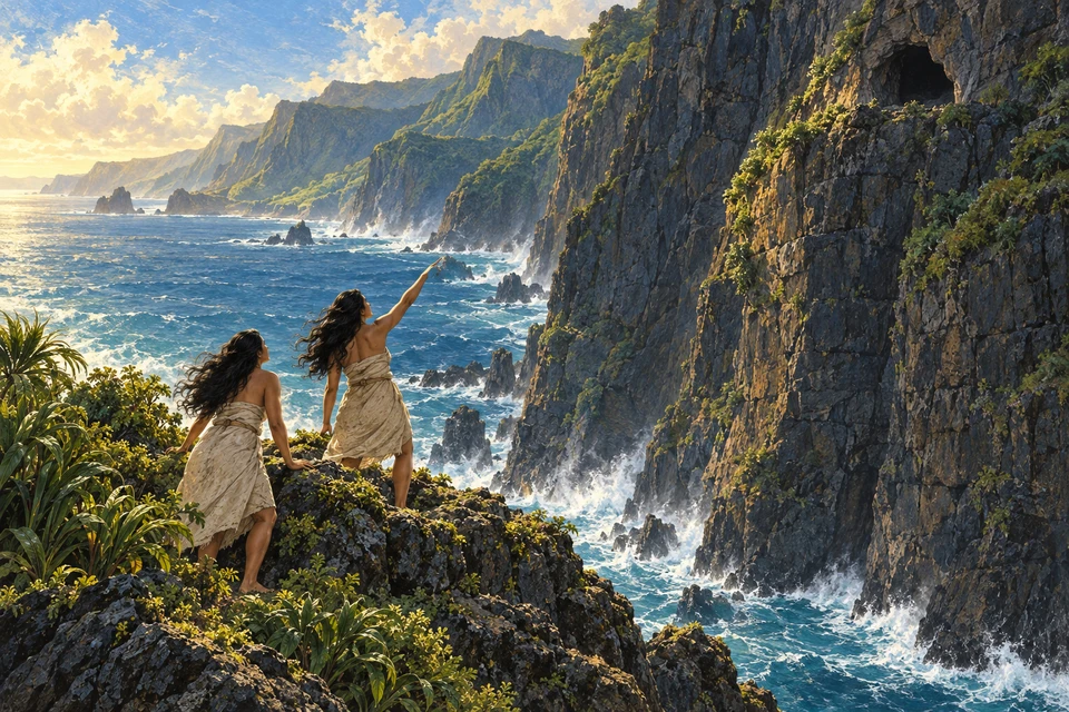 Zwei gemalte Frauen stehen auf einem Küstenfelsen. Eine weist zur hoch liegenden dunklen Höhle, die andere stützt sich auf den Fels und blickt ebenfalls hinauf; darunter bewegt sich das Meer.