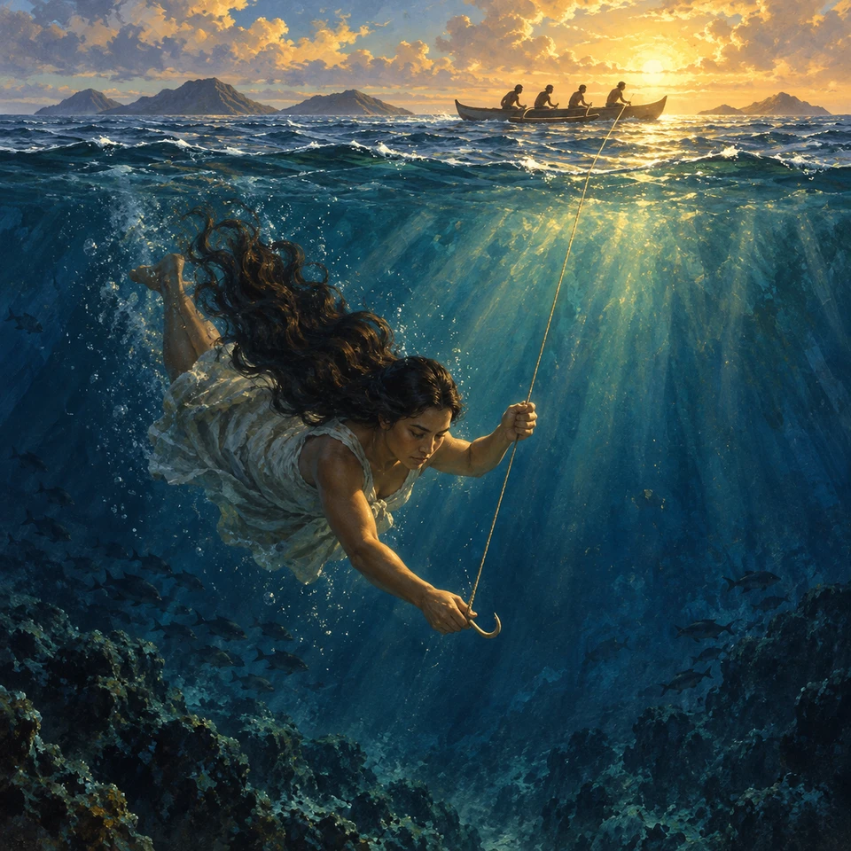 Unter Wasser trägt eine bekleidete Frau den kleinen Haken an einer Leine hinab. Über ihr sind vier kleine Figuren im Auslegerkanu und getrennte Inseln am Horizont zu sehen.
