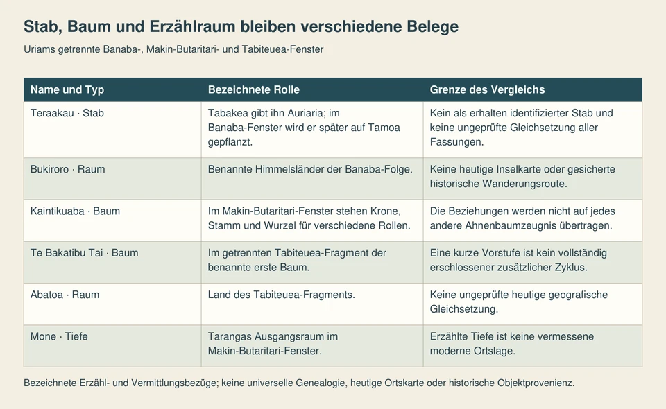 Sechs Zeilen unterscheiden den Stab Teraakau, den Raum Bukiroro, zwei getrennt belegte Ahnenbäume und die Räume Abatoa und Mone.