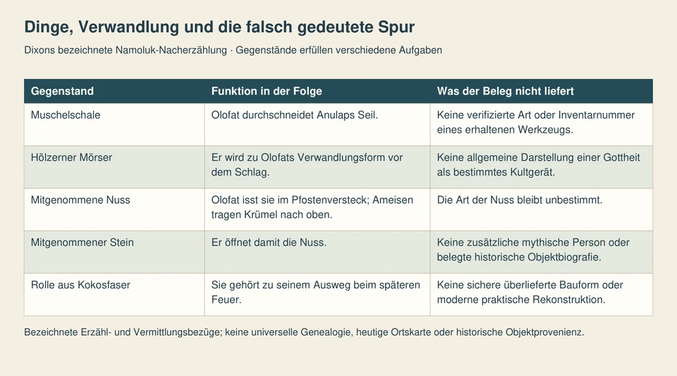 Fünf Textzeilen erklären Muschelschale, Mörser, Nuss, Stein und Kokosfaserrolle. Die Nuss führt über die Krümel zur falschen Beobachterdeutung und zum Ausweg mit den Ameisen.