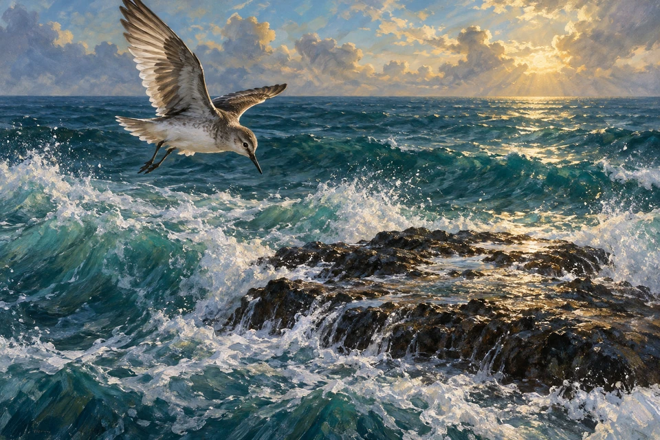 Ein gemalter kleiner Vogel schaut im Flug auf eine erste niedrige trockene Felsstelle zwischen brechenden Wellen. Am Horizont liegt noch offenes Wasser.
