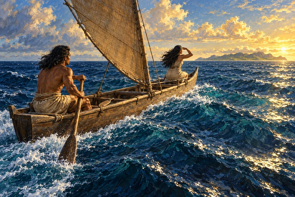 Ein gemaltes Segelkanu fährt auf eine entfernte Insel zu. Hina hält am Bug nach Land Ausschau; am Heck führt Rū ein langes Steuerpaddel, ein kleineres liegt im Boot.