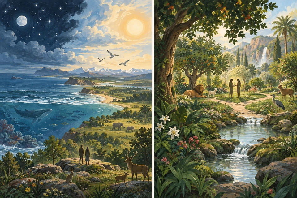 Zwei deutlich getrennte gemalte Welten: links eine weite Landschaft mit Himmel, Meer, Pflanzen, Tieren und zwei kleinen Menschen; rechts ein naher Garten mit Fluss, Tieren und einem einander zugewandten Menschenpaar.