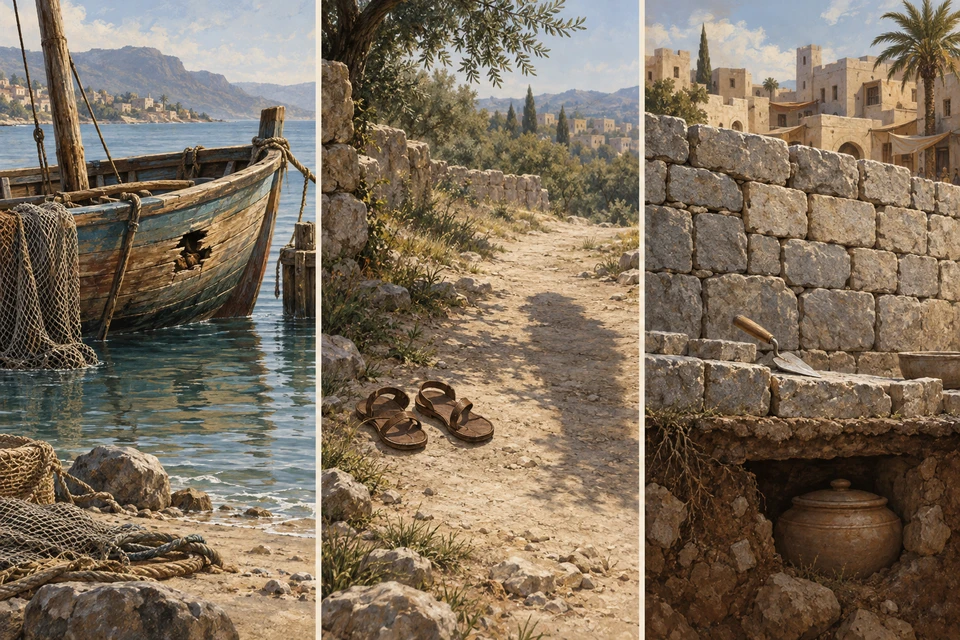 Drei getrennte Bildfelder zeigen ein beschädigtes Boot, einen stillen Weg mit zurückgelassenen Sandalen sowie eine aufgerichtete Steinmauer mit einem angedeuteten verschlossenen Gefäß darunter.