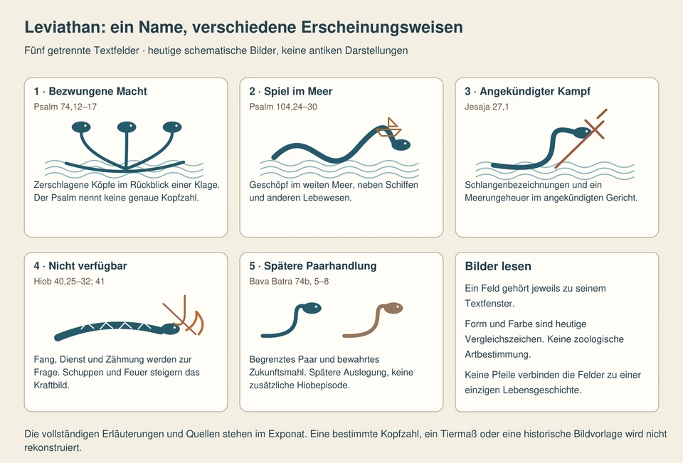 Fünf getrennte schematische Felder zeigen bezwungene Köpfe, Spiel im Meer, Schlangenkampf, menschlich nicht beherrschbare Kraft und spätere Paarhandlung. Ein sechstes Feld erklärt die Bildzeichen.
