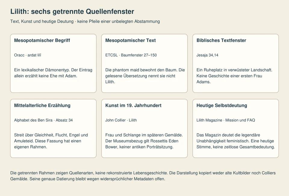 Sechs räumlich getrennte Textfelder: mesopotamischer Begriff, Baumgestalt, Jesajavers, Alphabet des Ben Sira, Colliers späteres Gemälde und heutige feministische Selbstdeutung. Keine Gleichsetzungspfeile und kein vermeintlich authentisches Lilithporträt.
