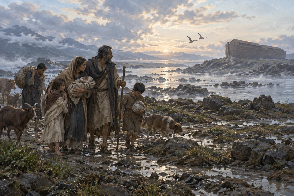 Eine kleine Gemeinschaft mit Kindern und Gepäck steht mit einigen Tieren auf nassem Boden vor zurückgehendem Wasser; ein großes hölzernes Schiff liegt entfernt auf felsigem Land.
