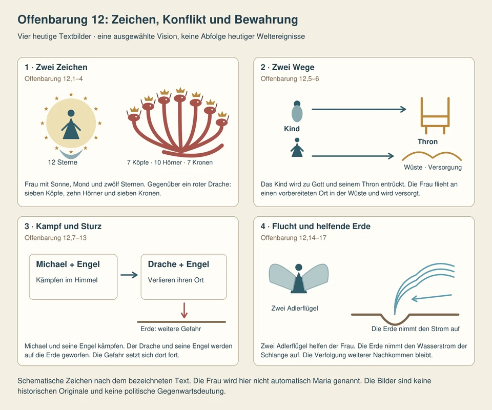Vier getrennte Bildfelder zeigen die Frau mit Sonne, Mond und zwölf Sternen gegenüber dem Drachen; zwei Wege für Kind und Frau; die Parteien des Himmelskampfs; Adlerflügel und den von der Erde aufgenommenen Strom.