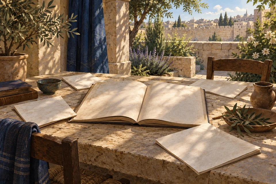 Auf einem steinernen Tisch im schattigen Garten liegen ein offenes unbeschriftetes Buch und mehrere einzelne Blätter unter verschiedenen Lichtstreifen.
