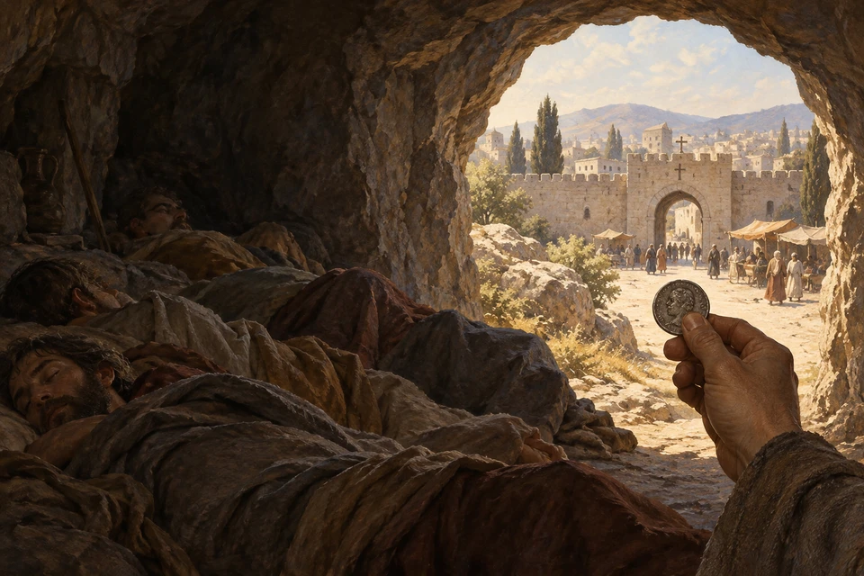 Aus einer dunklen Felsenhöhle mit ruhenden Menschen blickt man zu einer belebten Stadt mit einem Kreuz über dem Tor. Im Vordergrund hält eine Hand eine alte wirkende Münze.