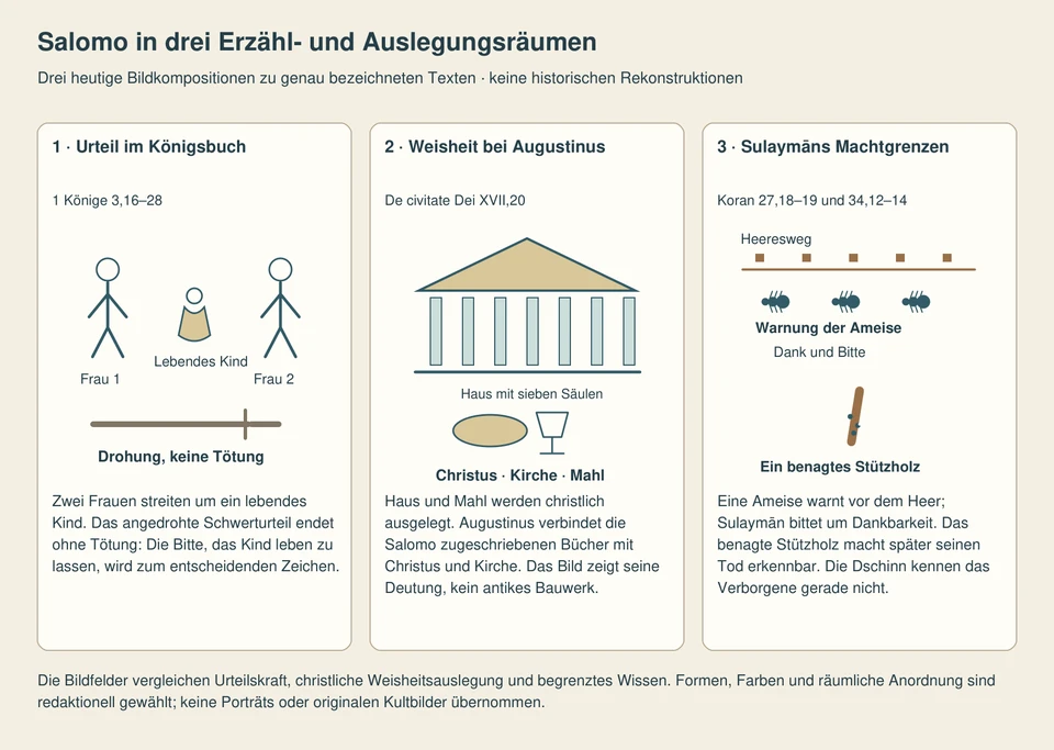 Drei getrennte heutige Bildfelder: zwei Frauen und ein ganzes lebendes Kind beim nur angedrohten Schwerturteil; ein Haus mit sieben Säulen und ein Mahl als Augustinus-Deutung; eine Ameisenwarnung am Heeresweg und ein getrenntes benagtes Stützholz aus den koranischen Fenstern.