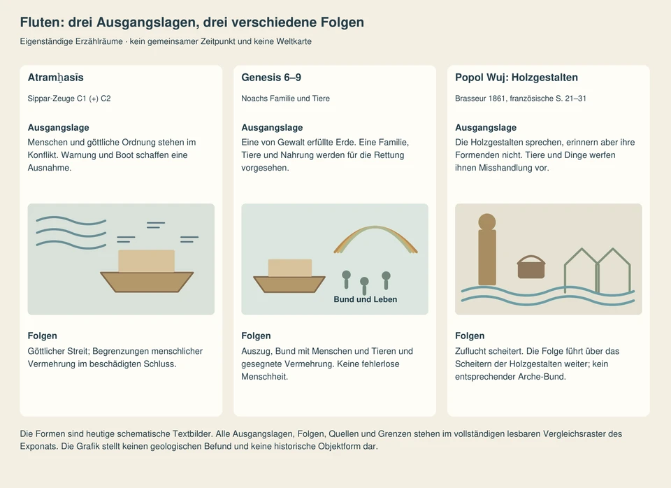 Drei getrennte Spalten zu Atramḫasīs, Genesis und den Holzgestalten des Popol Wuj. Jeweils stehen Ausgangslage und Folgen bei einem eigenen symbolischen Bild. Nur die Genesis-Spalte zeigt einen Bogen als Bundeszeichen.