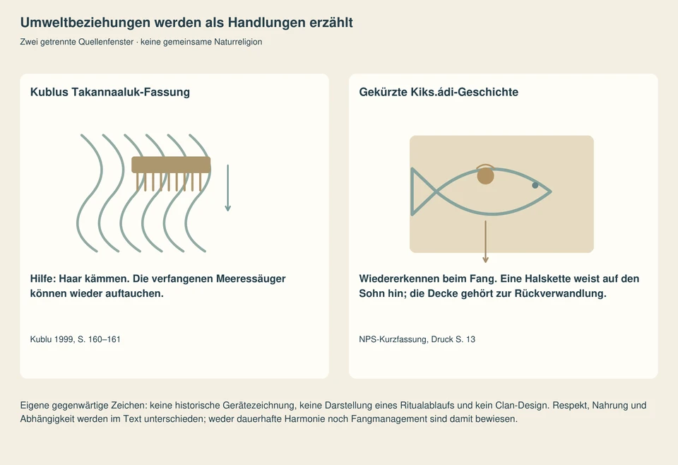 Zwei getrennte Handlungsfelder: Ein heutiges Kammzeichen führt durch Haarlinien und verweist auf Hilfe für Takannaaluk. Im anderen Feld liegen ein generischer Fisch mit Halskettenzeichen und eine ungemusterte Decke für das Wiedererkennen und die Rückverwandlung des Jungen.