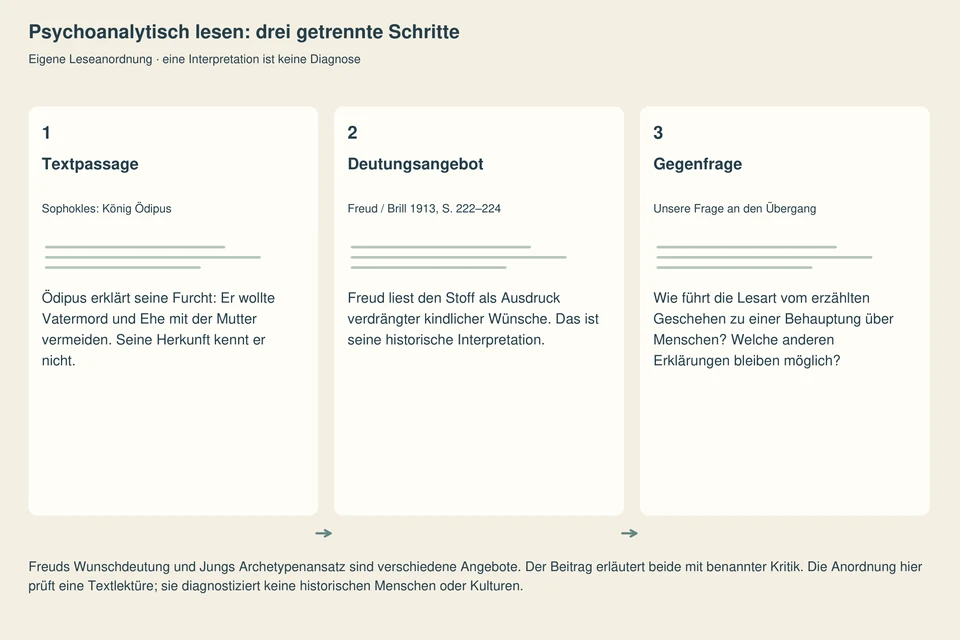 Drei ruhige Felder trennen eine kurze Ödipuspassage, Freuds historisches Deutungsangebot und unsere Gegenfrage an den Übergang zu einer Aussage über Menschen. Keine Person oder Kultur wird diagnostiziert.