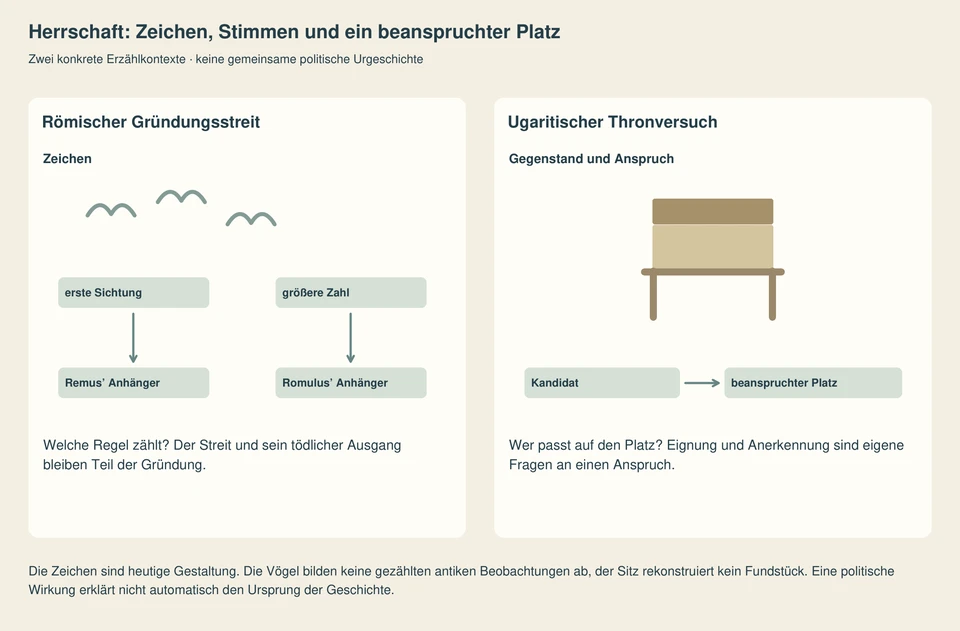 Zwei getrennte Felder: Im römischen Fall stehen erste Sichtung und größere Zahl mit unterschiedlichen Anhängern nebeneinander. Im ugaritischen Feld steht ein schematischer Sitz beim Verhältnis von Kandidat und beanspruchtem Platz.