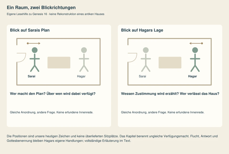 Zwei identische schematische Räume zeigen Sarai und Hagar an denselben Positionen. Links hebt die Grafik Sarai und die Frage nach ihrem Plan hervor; rechts Hagar und die Frage nach Zustimmung und Flucht. Es sind eigene Lesezeichen, keine historischen Sitzplätze.