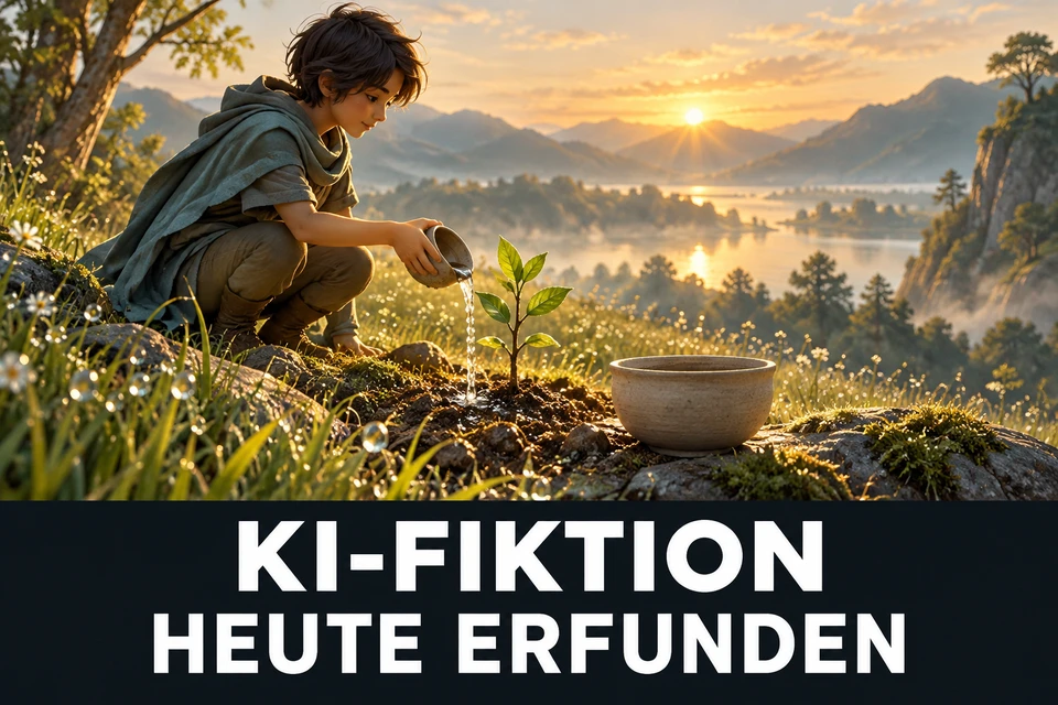 KI-FIKTION – HEUTE ERFUNDEN: frei erfundene Morgenszene von Silaris, einer anonymen Figur, die Wasser an eine Pflanze gibt. Schale und tauglänzende Gräser; im Bild steht groß KI-FIKTION / HEUTE ERFUNDEN. Kein antikes Fundbild.