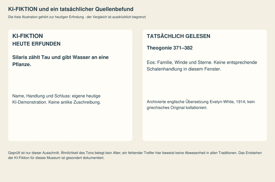 KI-FIKTION, HEUTE ERFUNDEN: Die freie Geschichte von Silaris wird einem tatsächlich gelesenen Theogonie-Fenster 371–382 gegenübergestellt. Das zeigt Eos, Familie, Winde und Sterne; kein Nachweis einer Silaris-Schalenhandlung in diesem Fenster und keine universelle Abwesenheitsbehauptung.