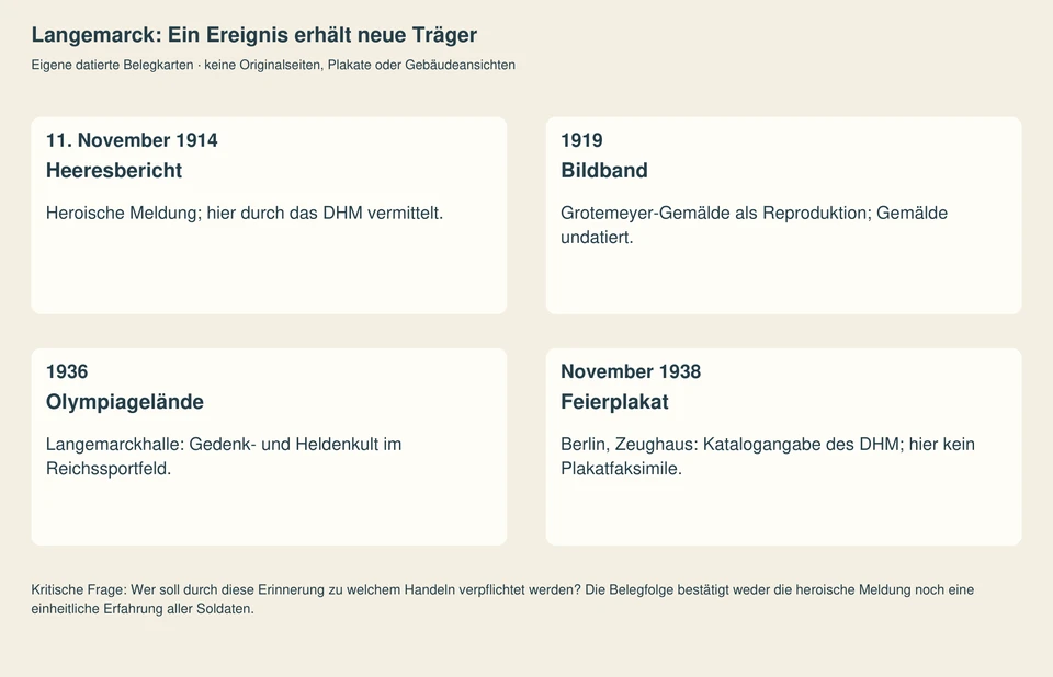 Vier heutige Belegkarten ordnen Heeresbericht vom 11. November 1914, Bildband von 1919, Olympiagelände 1936 und die DHM-Katalogangabe eines Feierplakats vom November 1938. Sie sind keine historischen Faksimiles.