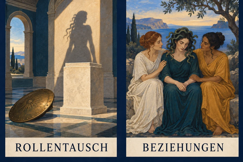 Zwei eigene Vergleichsbilder mit den Beschriftungen ROLLENTAUSCH und BEZIEHUNGEN: links ein leerer Sockel, ein abgelegter Schild und der Schatten einer Frau; rechts wenden sich zwei Frauen fürsorglich einer dritten mit schlangenartigen Haarlocken zu.