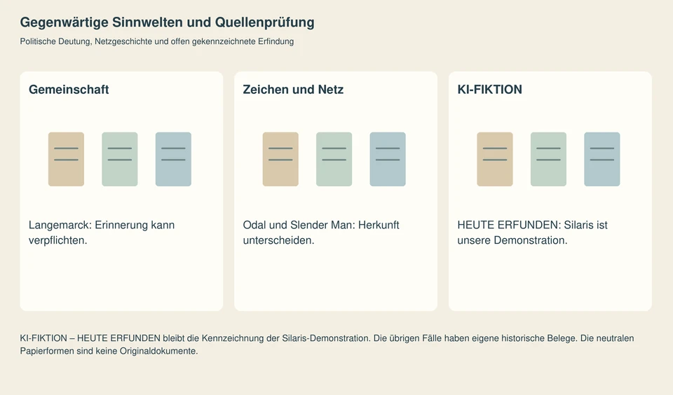 Drei eigene Orientierungsfelder unterscheiden Werkentscheidung, Medienform und Herkunftsprüfung. Neutrale Papierformen sind keine historischen Objekte. KI-FIKTION – HEUTE ERFUNDEN bezeichnet die Silaris-Demonstration.