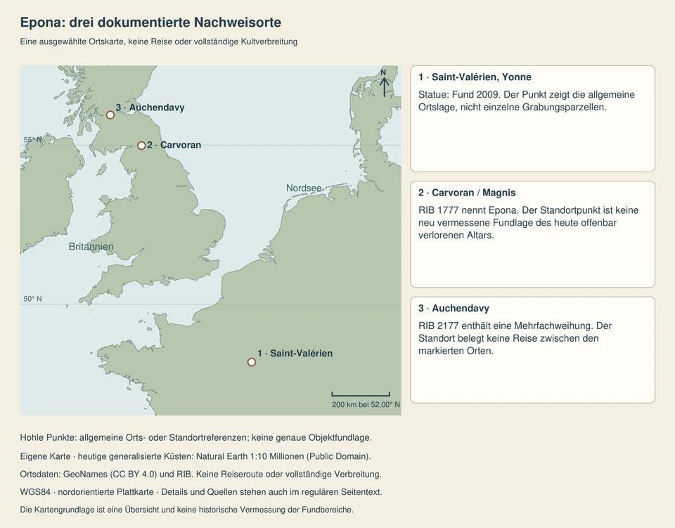 Nordorientierte Karte mit drei nummerierten Ortsreferenzen: Saint-Valérien in Yonne auf dem Festland, Carvoran in Nordengland und Auchendavy in Schottland. Keine Linie verbindet die Punkte.