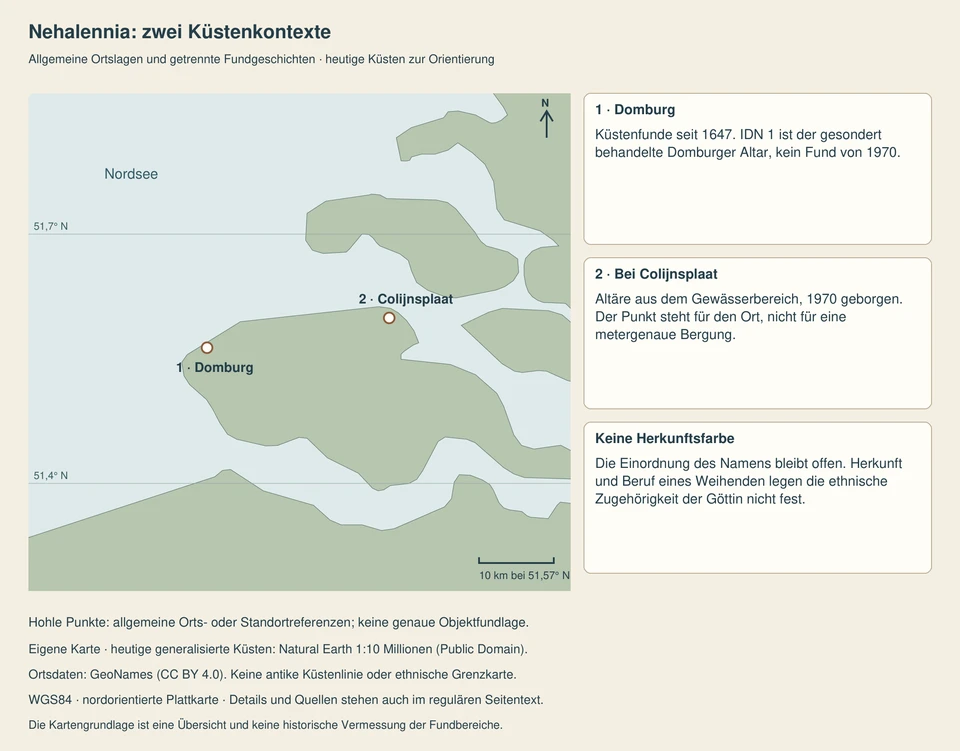 Heutige Küstenübersicht mit den allgemeinen Ortslagen Domburg links und Colijnsplaat rechts. Die getrennten Küsten- und Gewässerfunde werden in drei Textfeldern erklärt; keine genaue Unterwasserbergung und keine ethnische Grenze sind eingezeichnet.