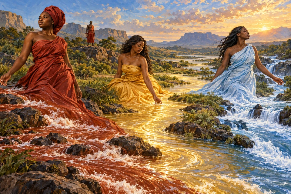 Drei Frauen werden in einer heutigen Illustration zu drei getrennten Wasserläufen; ein Mann steht klein im Hintergrund.