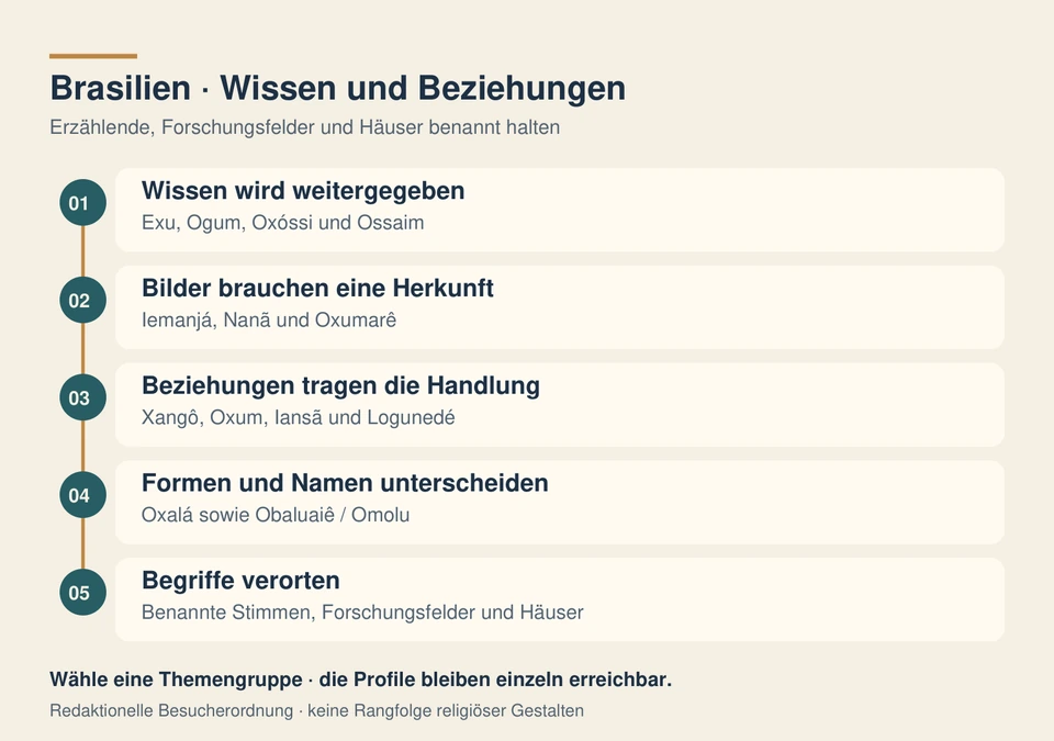 Orientierung mit fünf Themengruppen zu Wissen, Bildern, Beziehungen, Formen und Begriffen in brasilianischen Kontexten.