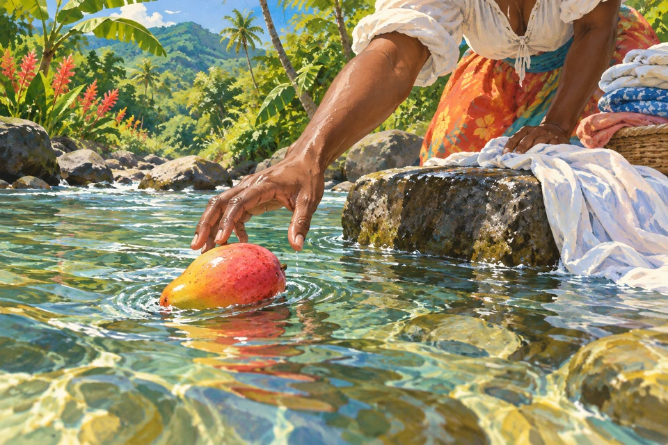 Eine Hand greift vom Waschstein nach einer einzelnen rosa-gelb-roten Mango im Fluss. Daneben liegen gewaschene Tücher.