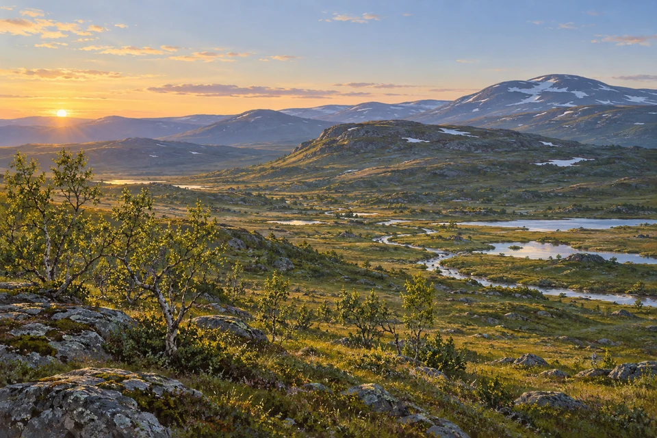 Tiefe warme Abendsonne beleuchtet gerundete Berge, einzelne Schneefelder, kleine Gewässer und niedrige Birken in einer offenen nördlichen Landschaft.