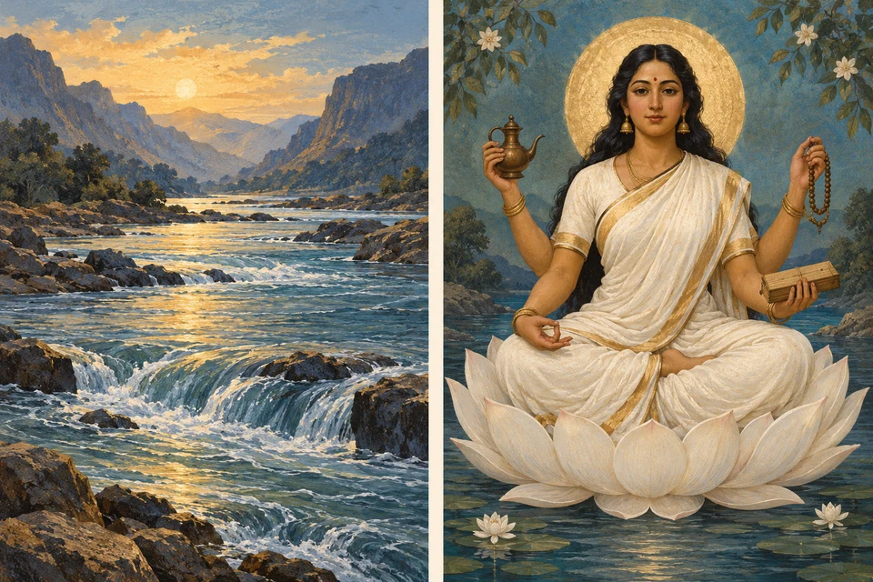 Zwei durch einen hellen Streifen getrennte Bilder: links ein strömender Fluss zwischen Felsen, rechts eine vierarmige Frau im weißen Gewand auf einem weißen Lotus. Ihre Hände halten Wassergefäß, Gebetskette und Palmblattbuch; die vierte Hand bildet eine kleine Fingergeste.