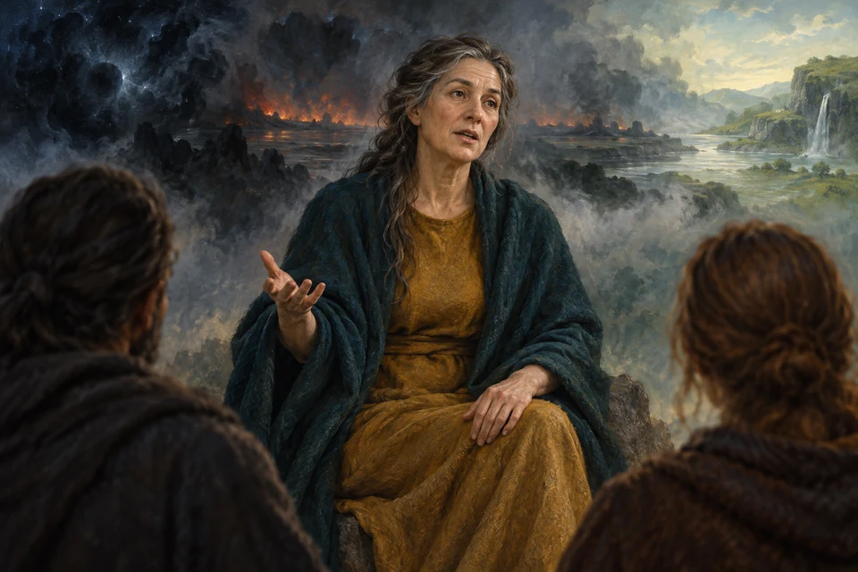 Eine Frau spricht mit offener Hand zu zwei Zuhörenden. Hinter ihr gehen dunkler Nebel, eine Wasserlandschaft mit Feuer und eine grüne Küste mit Wasserfall ineinander über.