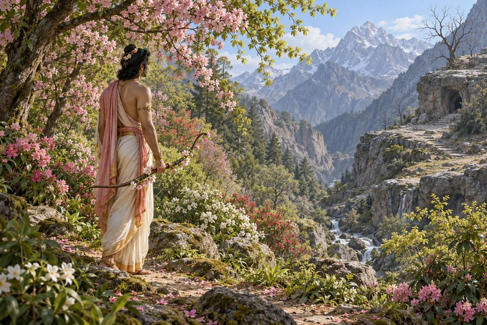Eine erwachsene männliche Figur hält einen gesenkten, mit Blumen geschmückten Bogen und blickt aus einem blühenden Hain zu felsigen Bergen.
