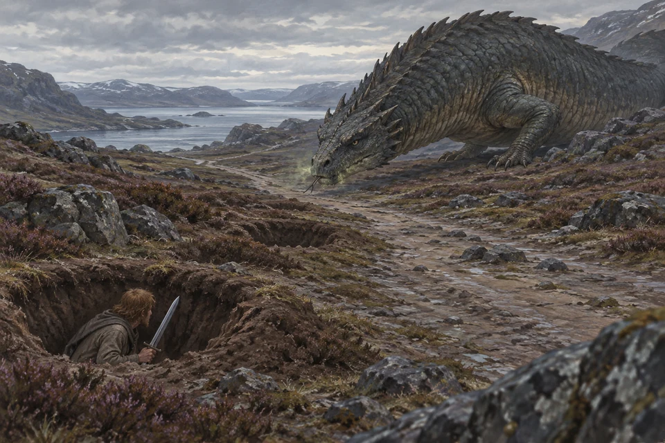 Sigurd hält ein Schwert in einer Erdgrube am Rand einer breiten Spur. Ein riesiger flügelloser Drache nähert sich bodennah; im Hintergrund liegen karge Hügel und Wasser.