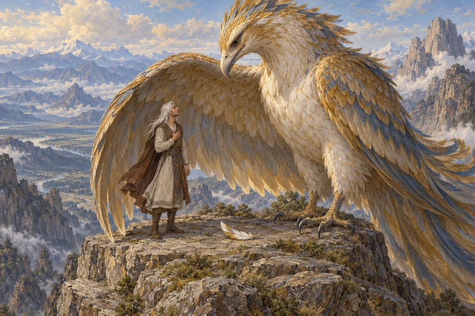 Ein weißhaariger erwachsener Mann steht auf einem Bergvorsprung unter dem gesenkten Flügel eines riesigen Vogels; zwischen beiden liegt eine einzelne Feder.