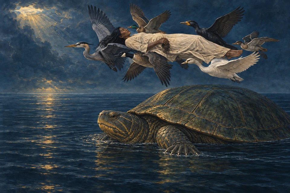 Vögel tragen eine in hellen Stoff gekleidete Frau über dem Wasser zu einer großen Schildkröte; in ihren Händen liegen feine Wurzeln.
