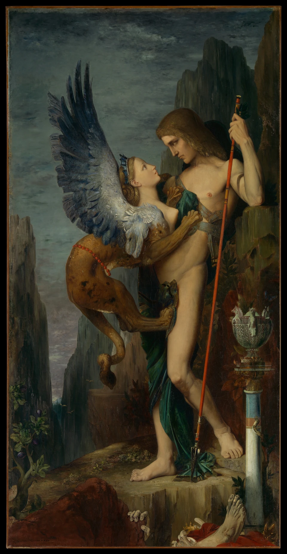 Hochformatiges Gemälde: Eine geflügelte Sphinx mit weiblichem Kopf und Löwenkörper klammert sich an einen Mann mit langem Stab. Beide blicken einander an; unten sind Hand und Fuß eines Körpers zu sehen.
