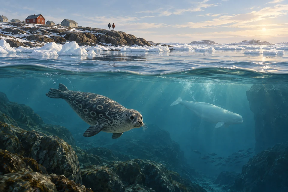 Unter einer felsigen Küste mit Häusern und zwei Menschen schwimmen eine Robbe und ein weißer Beluga im blauen Wasser.
