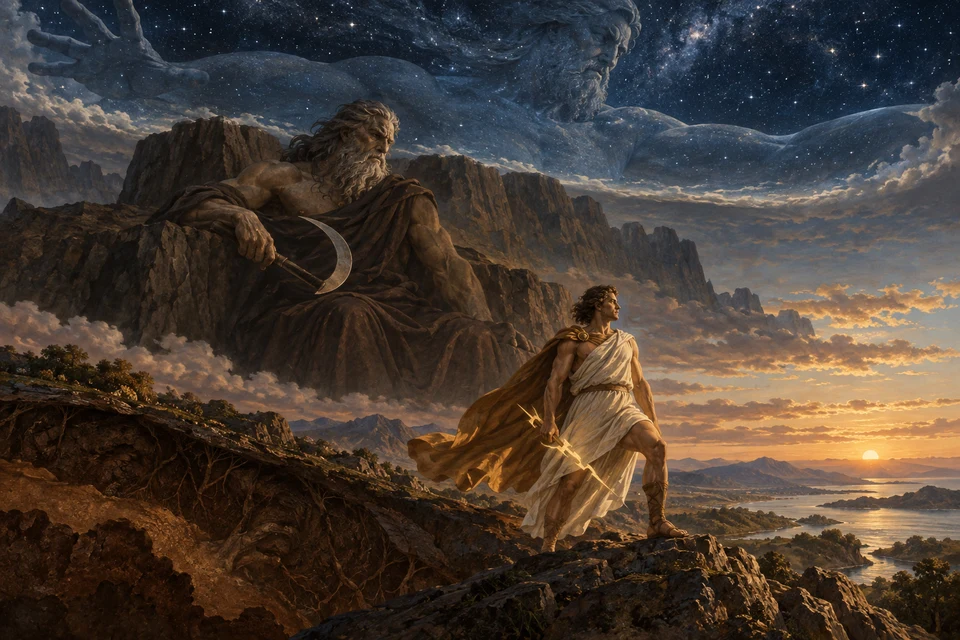 Drei übereinander gestaffelte Gestalten: Uranos im Sternenhimmel, Kronos mit Sichel vor Felsen und Zeus mit Blitz auf einer unteren Höhe.