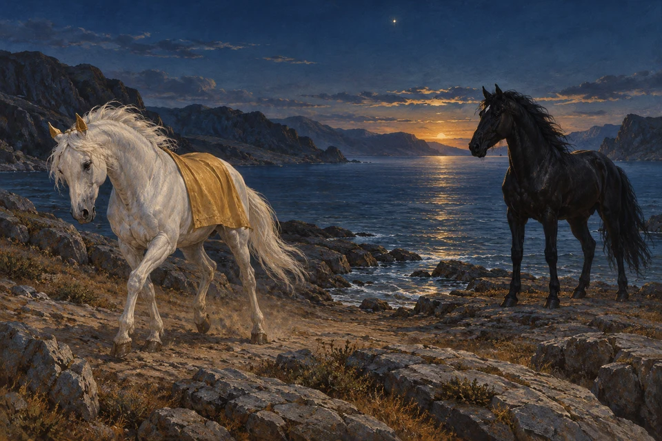Ein weißes Pferd mit goldfarbenen Ohren und Decke entfernt sich von einem felsigen Ufer; ein schwarzes Pferd steht vor dem Wasser unter einem blauen Abendhimmel.