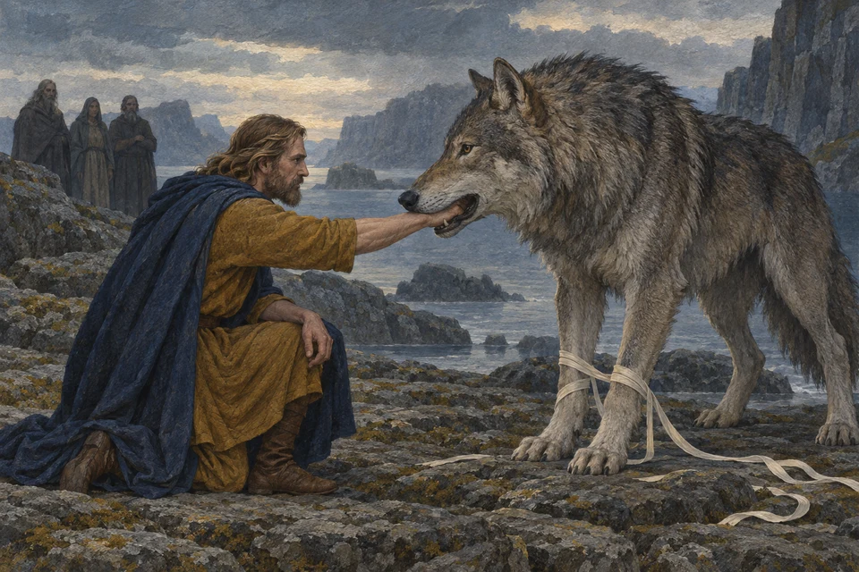 Ein kniender Mann streckt seine Hand in das geöffnete Maul eines großen grauen Wolfs. Beide sehen einander an. Ein helles Band liegt um die Vorderbeine des Wolfs; drei Personen stehen am felsigen Seeufer im Hintergrund.