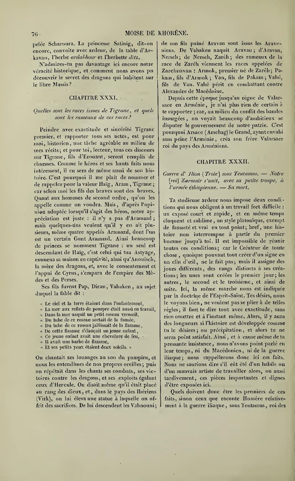 Historische französische Druckseite 76: In der linken Spalte stehen neun Zeilen über Vahagns Geburt aus einem Schilfrohr; darüber Kapitel XXXI.