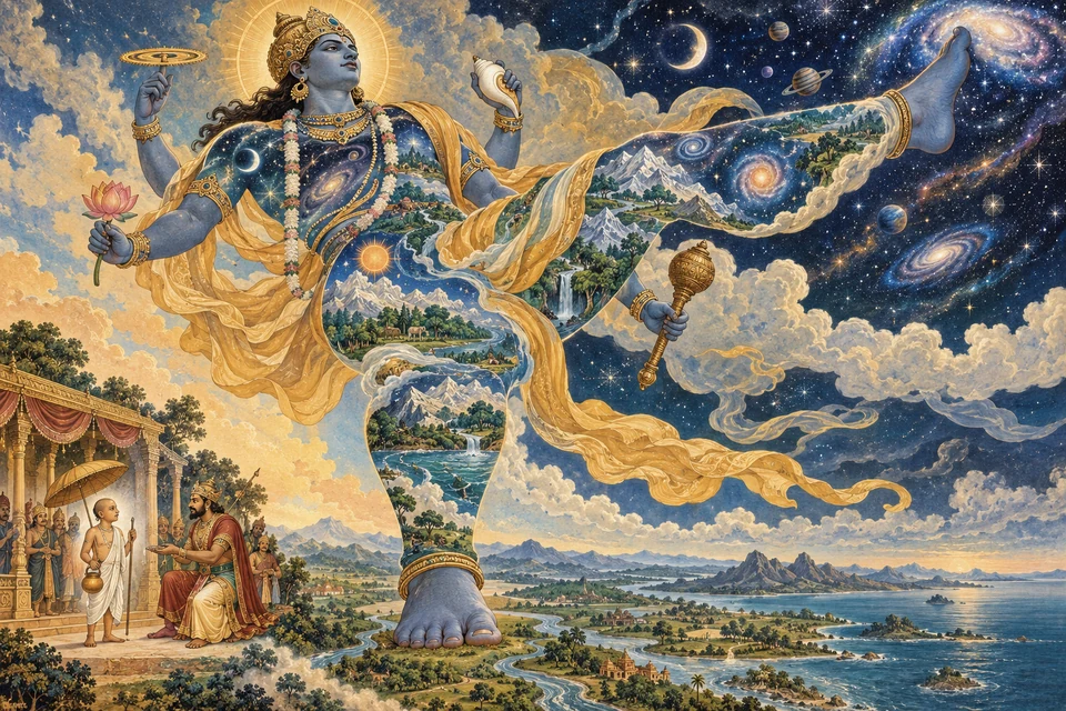 Eine vierarmige blaue Gestalt mit Landschaften und Sternen im Körper steht mit einem Fuß auf der Erde und hebt den anderen in den Himmel. Links unten steht eine kleine Gastgestalt mit Schirm vor einem König.