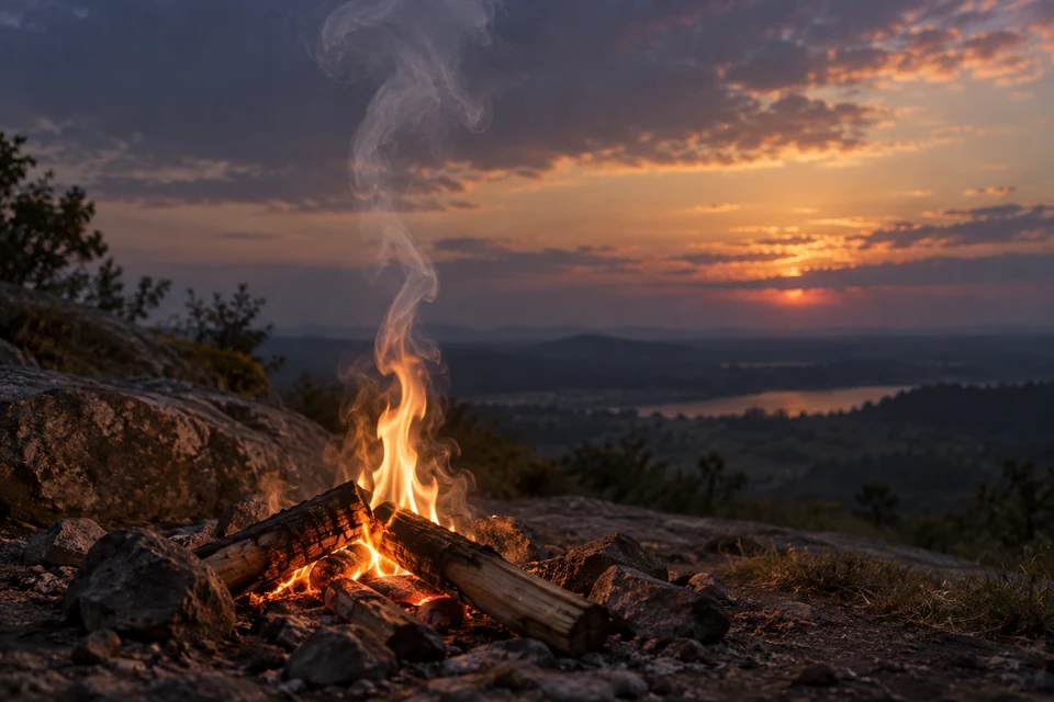 Ein kleines Feuer zwischen zwei groben Holzstücken brennt auf steinigem Boden. Rauch steigt in einen dunkler werdenden Himmel.