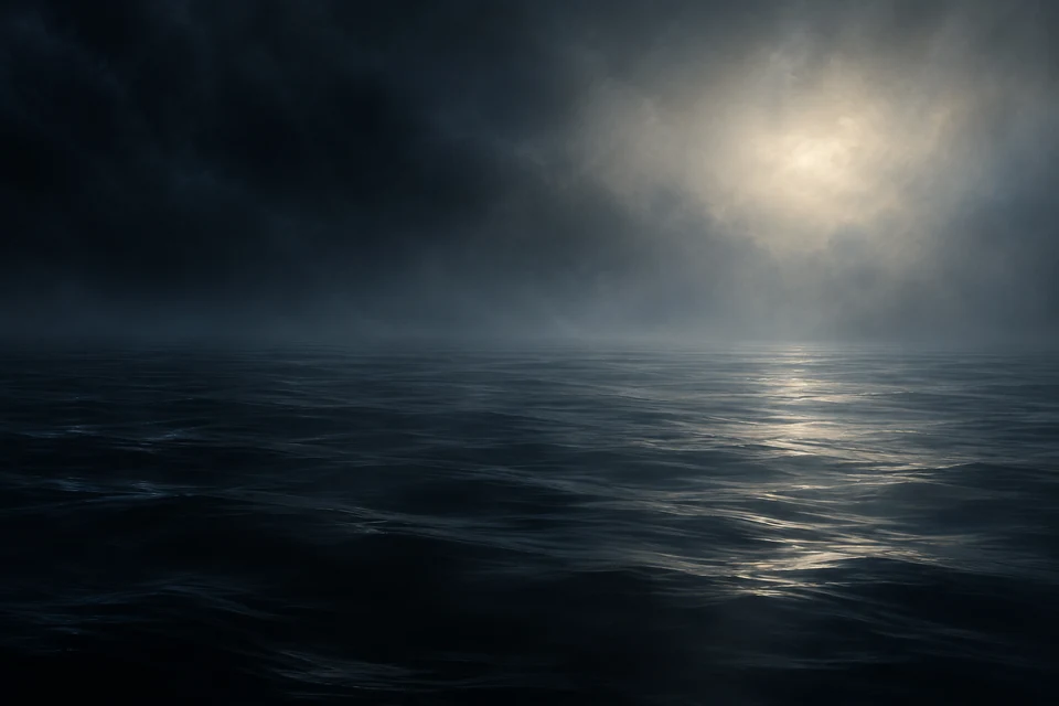Dunkles Wasser mit kleinen Wellen geht in dunklen Dunst über. Rechts oben fällt diffuses helles Licht ein; seine Quelle bleibt unsichtbar.