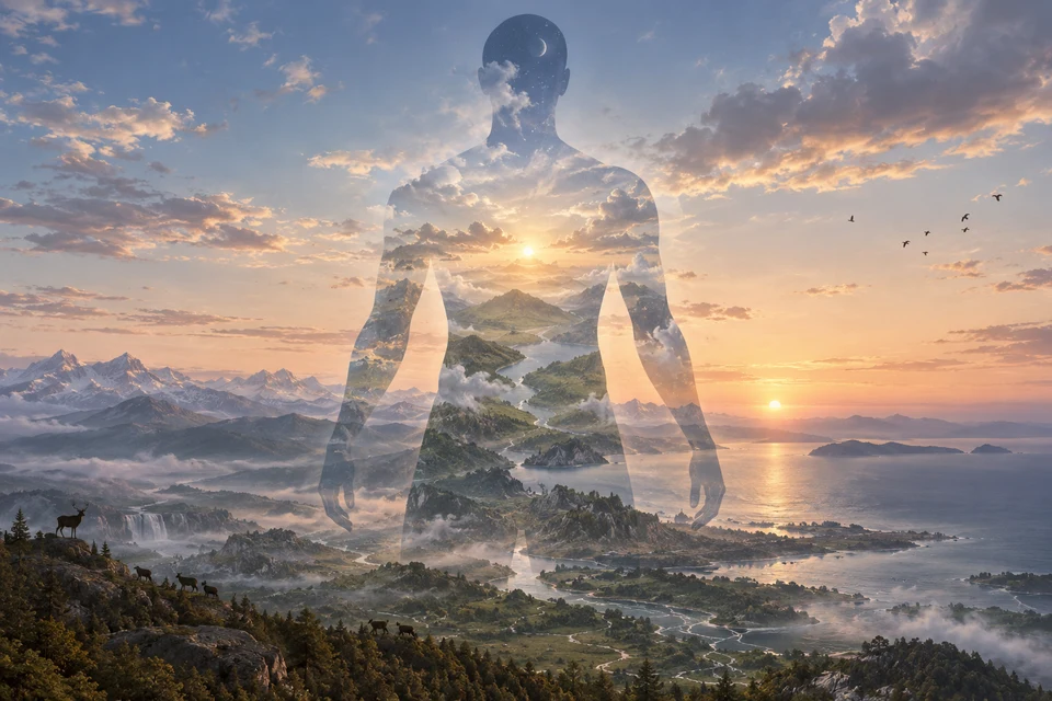 Eine durchscheinende menschliche Silhouette liegt über einer frei gestalteten weiten Landschaft mit Wasser, Bergen, Himmel und Tieren.