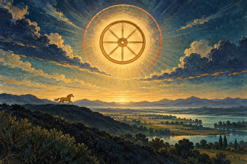 Ein goldenes Rad leuchtet hoch über einem Horizont mit kleiner Sonne; ein Pferd läuft über einen dunklen Höhenzug.