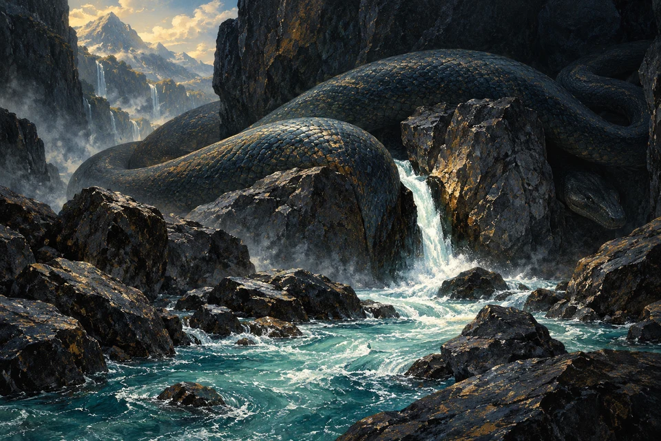 Eine große dunkle Schlange liegt zwischen Felsen; helles Wasser fließt durch einen schmalen Spalt.