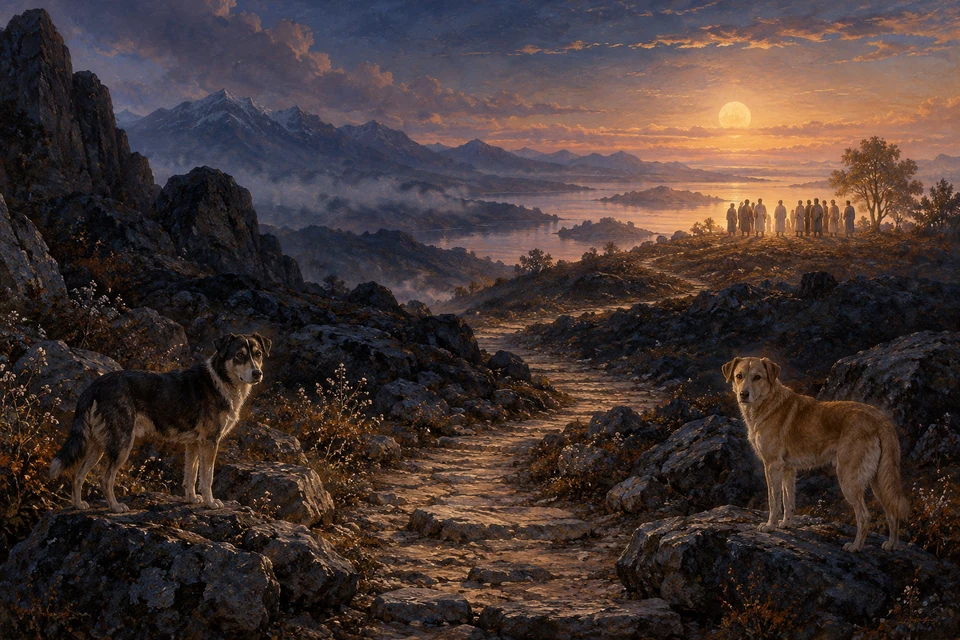 Zwei gewöhnliche Hunde stehen beiderseits eines felsigen Wegs; in der Ferne versammelt sich eine Gruppe vor einem goldenen Abendhimmel.